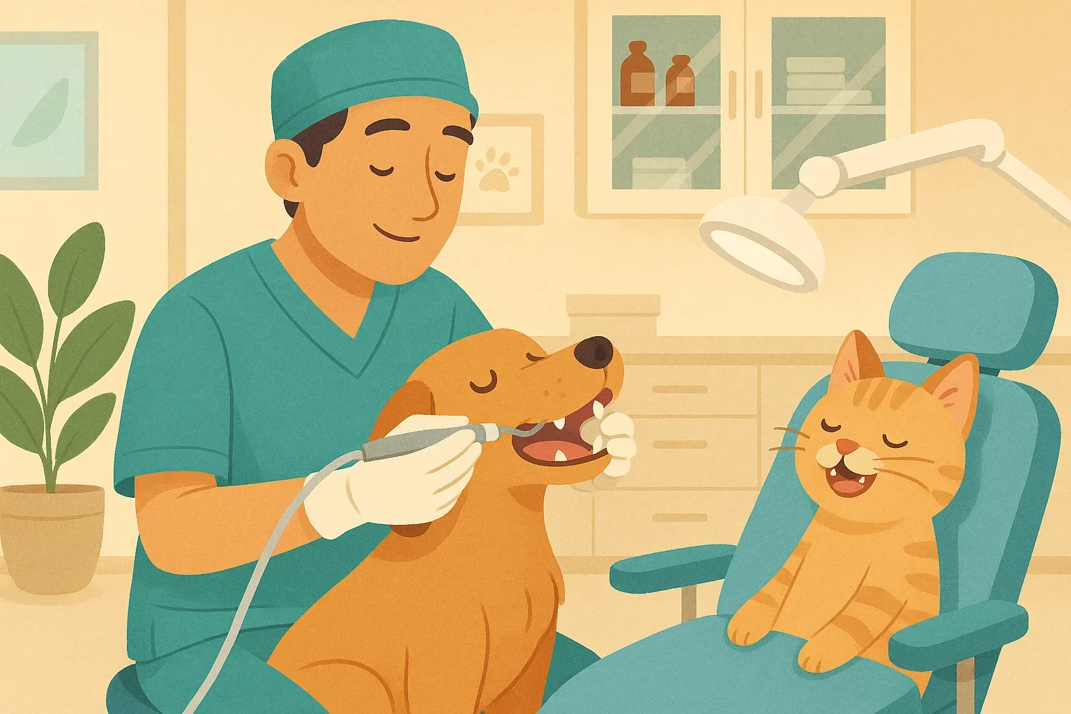 Perro y gato recibiendo cuidados dentales