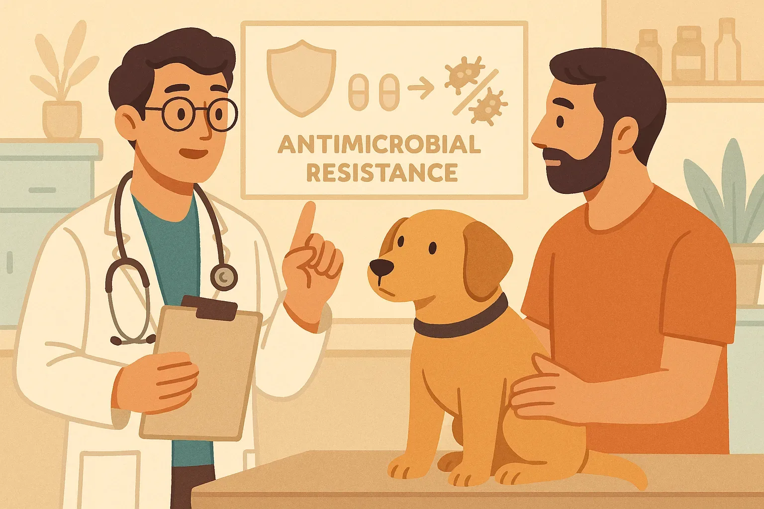 Veterinario educando a un tutor sobre resistencia antimicrobiana en perros