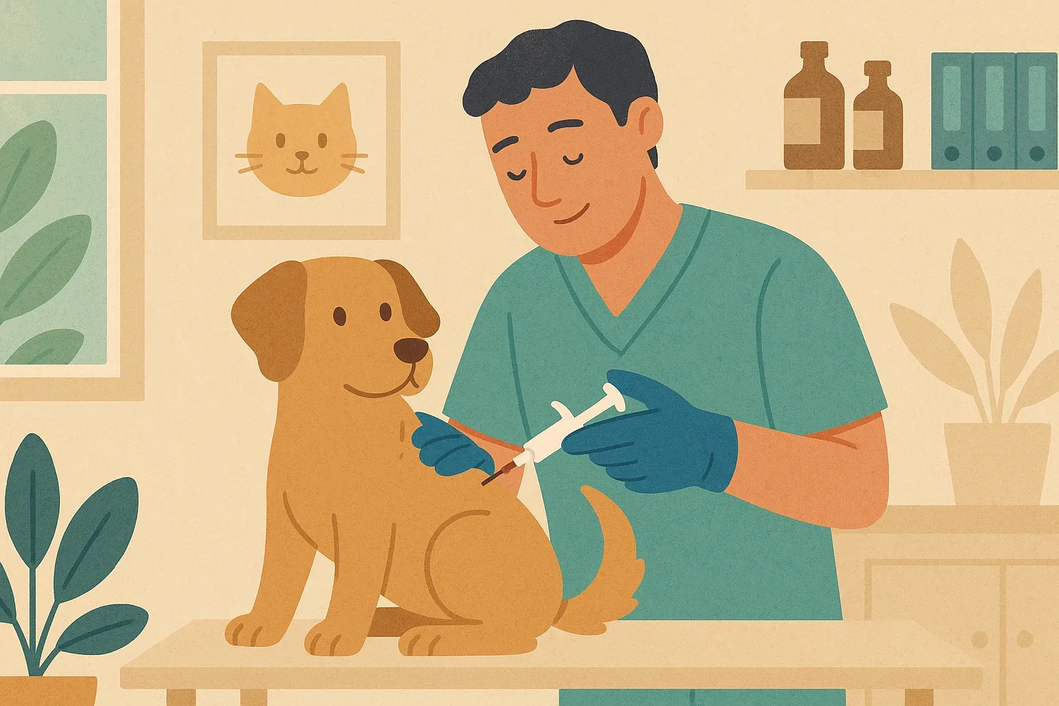 Ilustración de un veterinario aplicando un microchip a una mascota en una clínica.