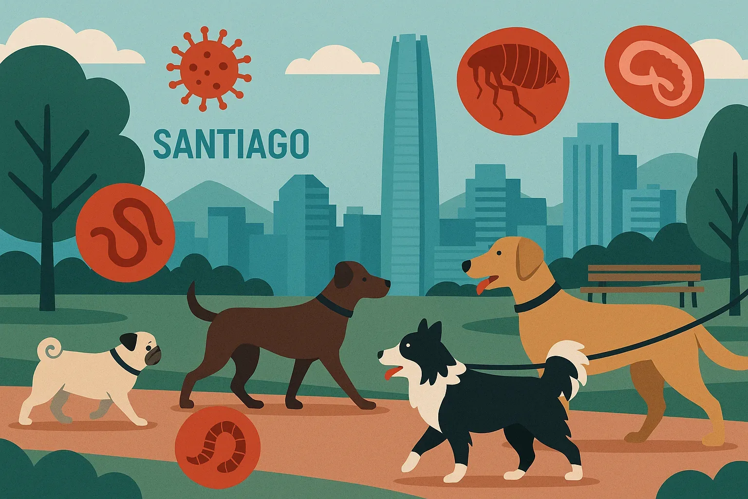Ilustración original sobre parásitos zoonóticos en parques urbanos