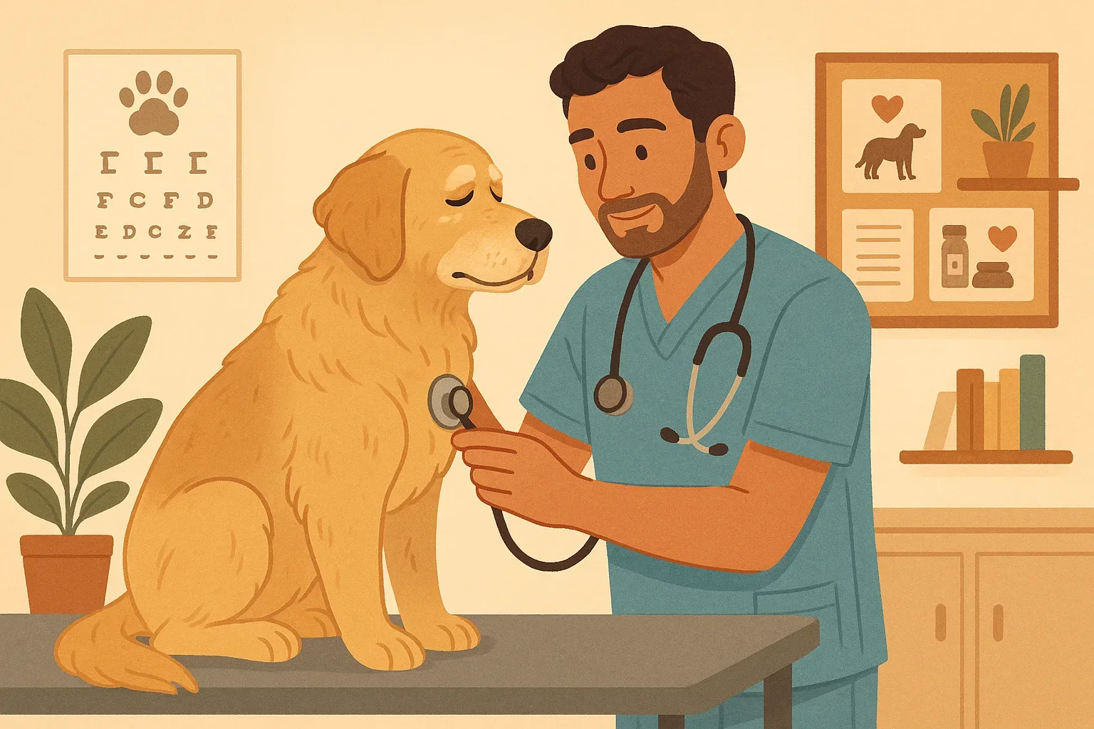 Veterinario revisando a un perro senior en consulta