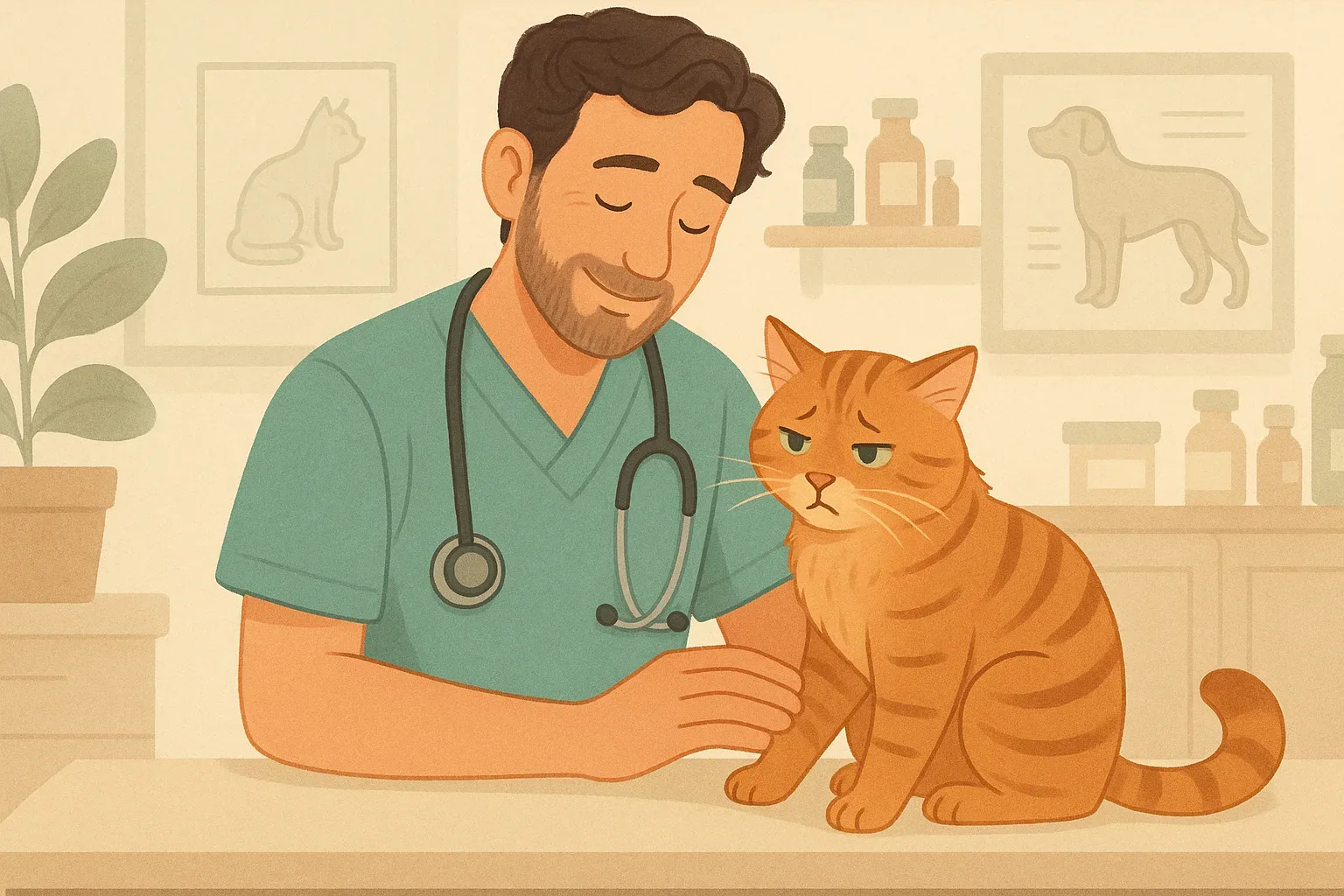 Gato en una consulta veterinaria en un ambiente tranquilo y amigable